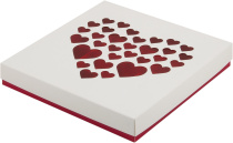 Коробка для конфет бело-красная с сердечками 200х200х30 (16), (8 шок) Коробка для конфет бело-красная с сердечками 200х200х30 (16), (8 шок)