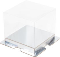 Коробка под торт ПРЕМИУМ с пьедесталом прозрачная 150х150х140 (серебро)
