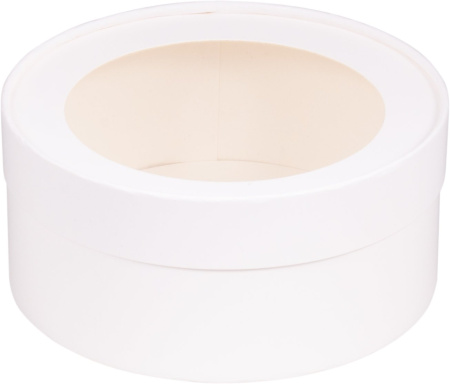 Коробка под зефир, печенье и макароны шляпная с окном диам.160мм выс.70 мм (белая) Коробка под зефир, печенье и макароны шляпная с окном диам.160мм выс.70 мм (белая)