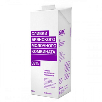 Сливки БМК у/пастер 33%, 1 л